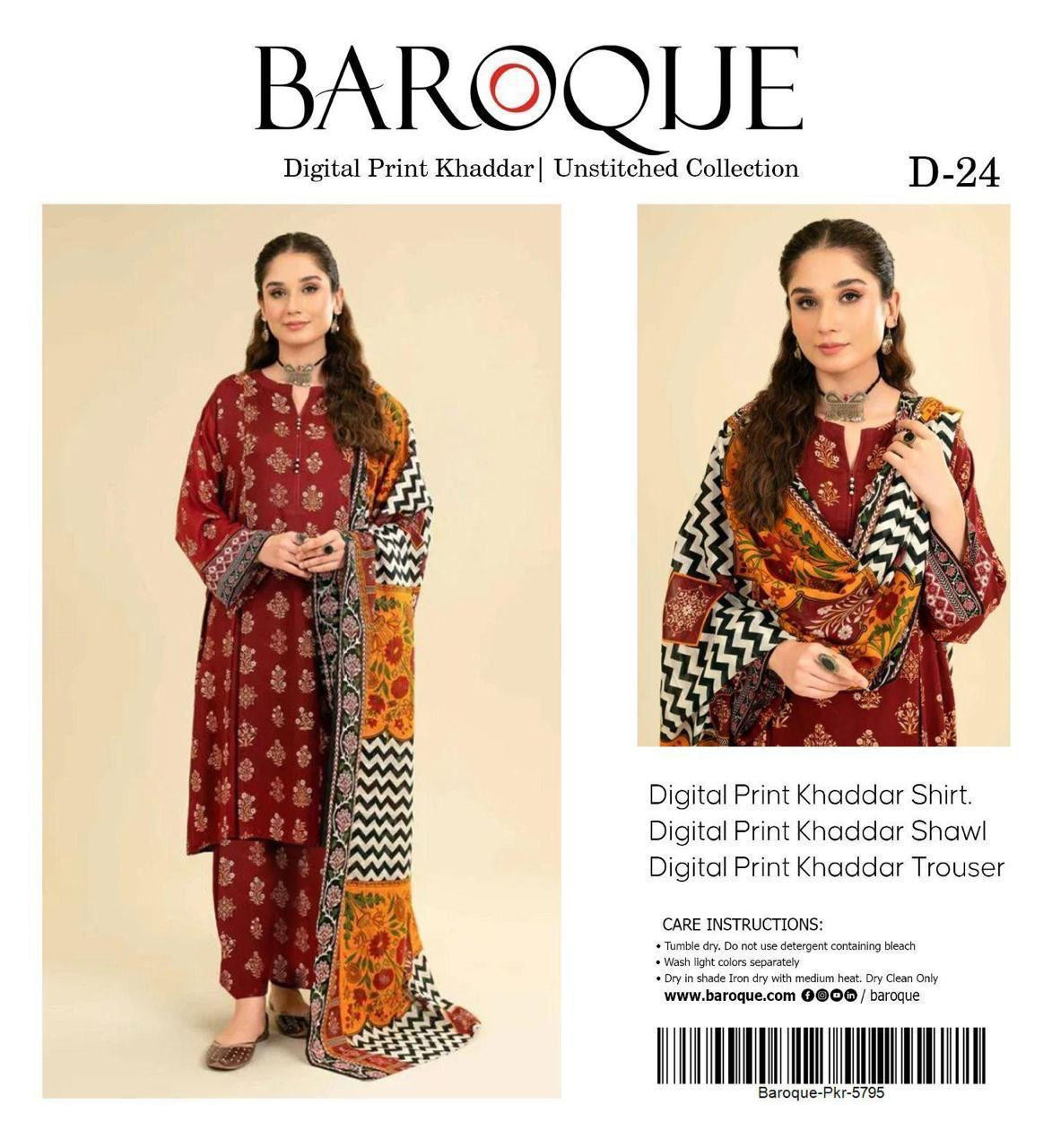 Baroque Luxury Khaddar Collection 2025 – 3PC Digital Printed Winter Suit | Premium Quality Khaddar Fabric